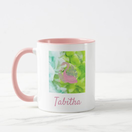 Tropische roze en groene flamingo en palmen mok (Links)