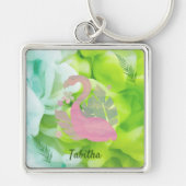 Tropische roze en groene flamingo en palmen sleutelhanger (Voorkant)