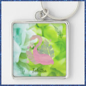 Tropische roze en groene flamingo en palmen sleutelhanger