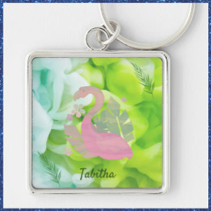 Tropische roze en groene flamingo en palmen sleutelhanger