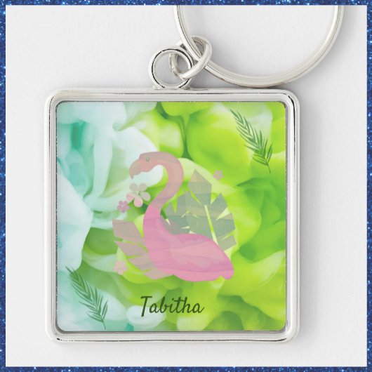 Tropische roze en groene flamingo en palmen sleutelhanger