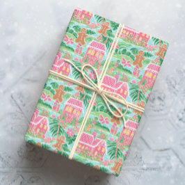 Tropische Roze en Groene Kerstmis Gingerbread Town Cadeaupapier