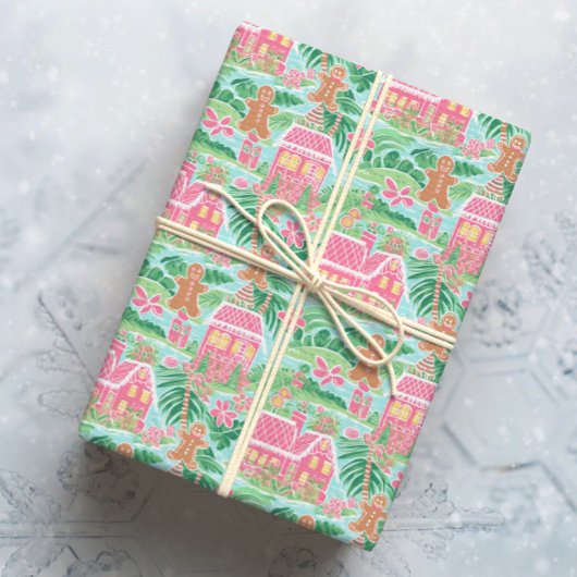 Tropische Roze en Groene Kerstmis Gingerbread Town Cadeaupapier