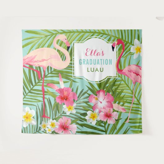 Tropische Roze Flamingo Afstudeer Luau Achtergrond Wandkleed (Voorkant (horizontaal))