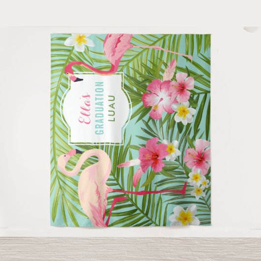 Tropische Roze Flamingo Afstudeer Luau Achtergrond Wandkleed (Voorkant)