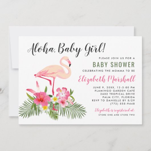 Tropische roze flamingo alfa baby meisje douche kaart (Voorkant)