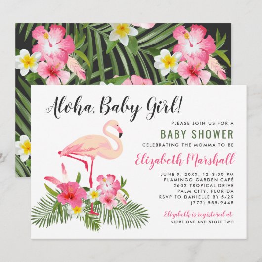 Tropische roze flamingo alfa baby meisje douche kaart (Voorkant / Achterkant)