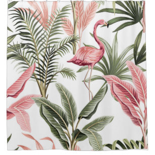 Tropische roze flamingo, bananenbomen en douchegordijn
