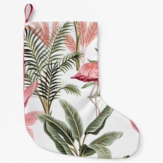 Tropische roze flamingo, bananenbomen en kleine kerstsok (Voorkant)