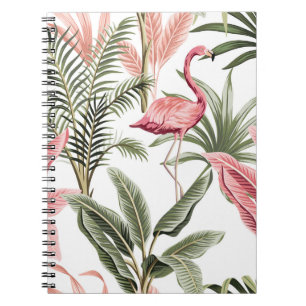 Tropische  roze flamingo, bananenbomen en notitieboek