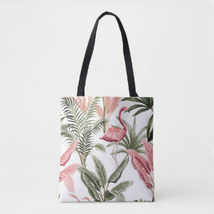 Tropische roze flamingo, bananenbomen en tote bag