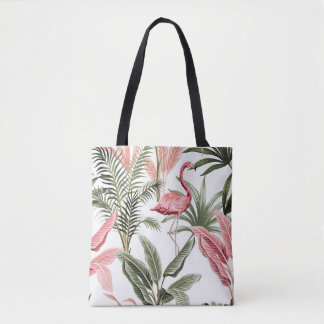 Tropische  roze flamingo, bananenbomen en tote bag