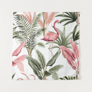 Tropische  roze flamingo, bananenbomen en wandkleed