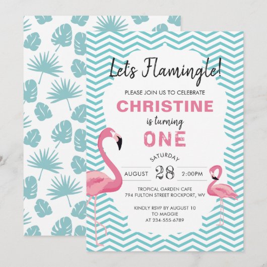 Tropische roze flamingo Beach Birthday Invitation Kaart (Voorkant / Achterkant)