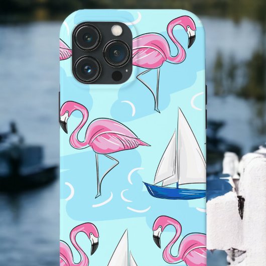 Tropische Roze Flamingo Blauwe Zeilboot Preppy Case-Mate iPhone Case