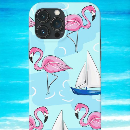 Tropische Roze Flamingo Blauwe Zeilboot Preppy Case-Mate iPhone Case