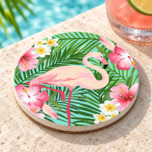 Tropische Roze Flamingo Bloem Palmbladeren Zomer Zandsteen Onderzetter