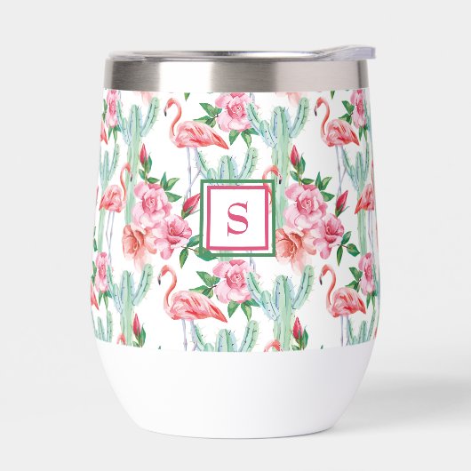 Tropische Roze Flamingo Cactus Rozen Monogrammed (Links)