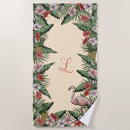 Tropische roze flamingo en hibiscus monogrammed strandlaken (Voorkant)