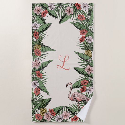 Tropische roze flamingo en hibiscus monogrammed strandlaken (Voorkant)