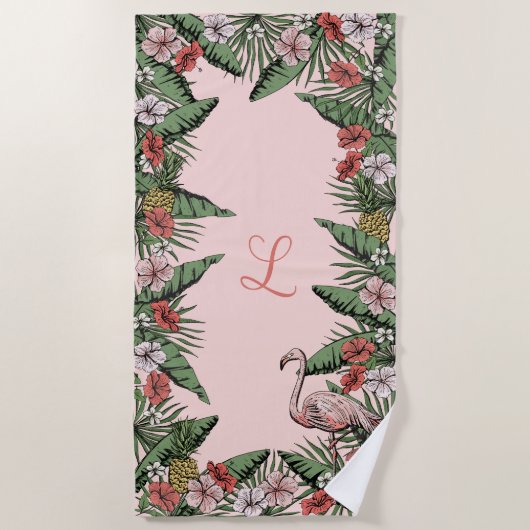 Tropische roze flamingo en hibiscus monogrammed strandlaken (Voorkant)