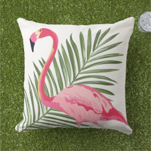 Tropische Roze Flamingo en Palmbladen Buitenkussen