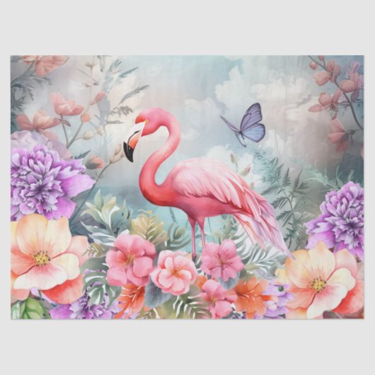 Tropische roze flamingo en Waterverf bloemen Tissuepapier (Voorkant)