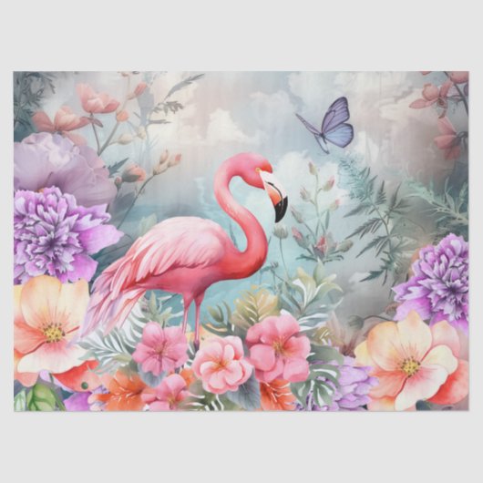 Tropische roze flamingo en Waterverf bloemen Tissuepapier (Voorkant)