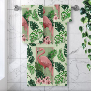 Tropische Roze Flamingo Groene Palmbladeren Lelie Bad Handdoek