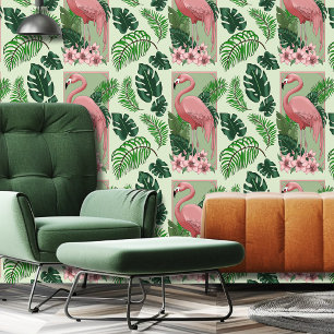 Tropische Roze Flamingo Groene Palmbladeren Lelie Behang