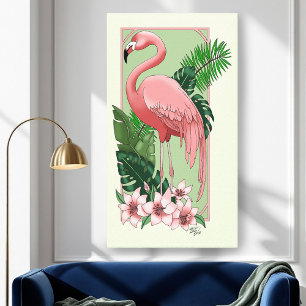 Tropische Roze Flamingo Groene Palmbladeren Lelie Canvas Afdruk