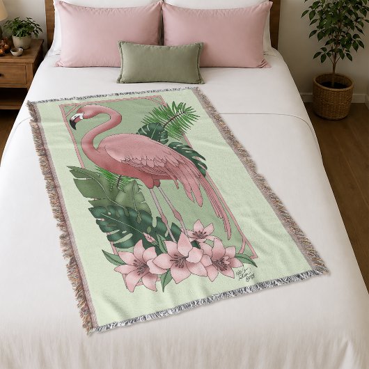 Tropische Roze Flamingo Groene Palmbladeren Lelie Deken