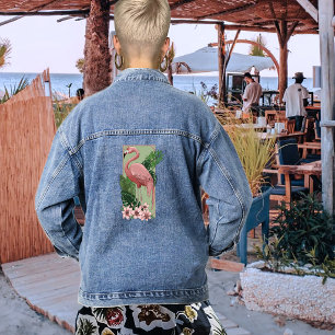 Tropische Roze Flamingo Groene Palmbladeren Lelie Denim Jacket