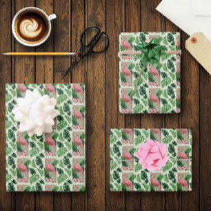Tropische Roze Flamingo Groene Palmbladeren Lelie Inpakpapier Vel