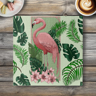 Tropische Roze Flamingo Groene Palmbladeren Lelie Legpuzzel