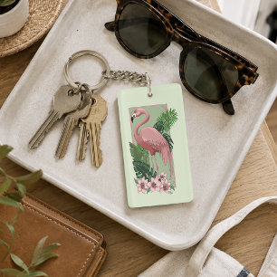 Tropische Roze Flamingo Groene Palmbladeren Lelie Sleutelhanger