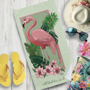 Tropische Roze Flamingo Groene Palmbladeren Lelie Strandlaken