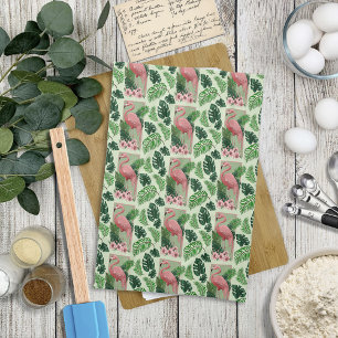 Tropische Roze Flamingo Groene Palmbladeren Lelie Theedoek