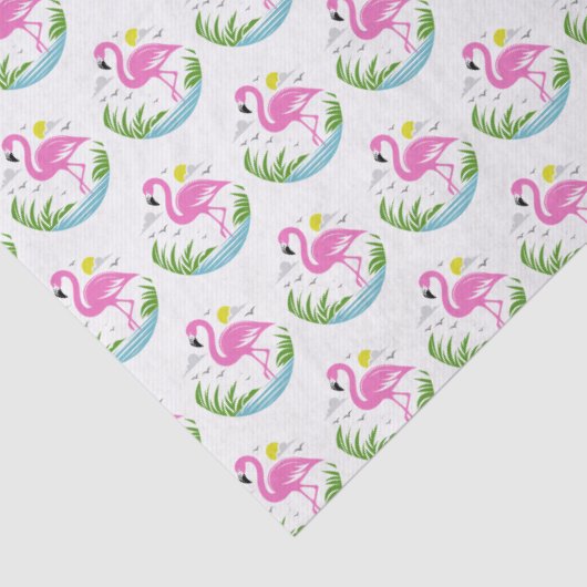 Tropische roze flamingo in water, zon, wolken tissuepapier (Detail)