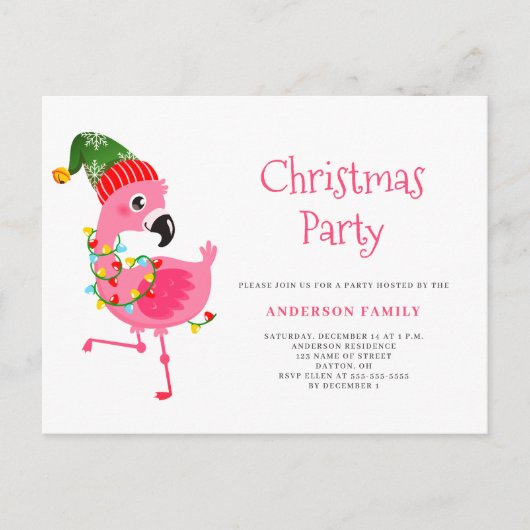 Tropische roze flamingo kerstfeest uitnodiging (Voorkant)
