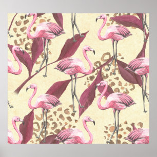 Tropische roze flamingo, luipaard patroon. poster