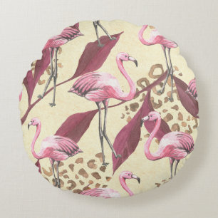 Tropische roze flamingo, luipaard patroon. rond kussen