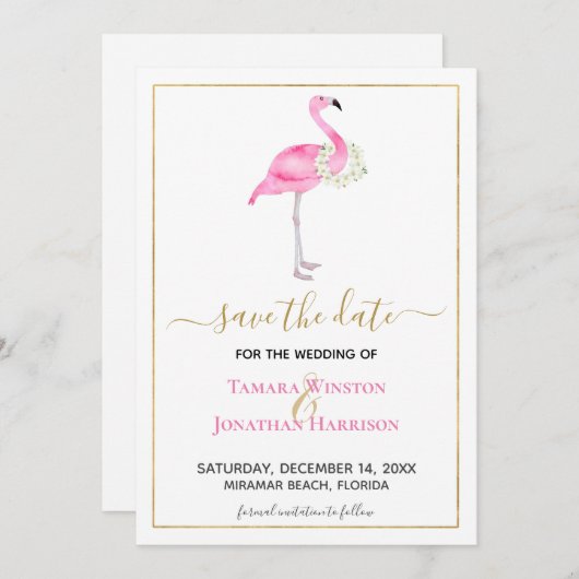 Tropische Roze Flamingo Magnolia's Strand Bruiloft Save The Date (Voorkant / Achterkant)