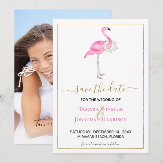 Tropische Roze Flamingo Magnolia's Strand Save The Date (Voorkant / Achterkant)
