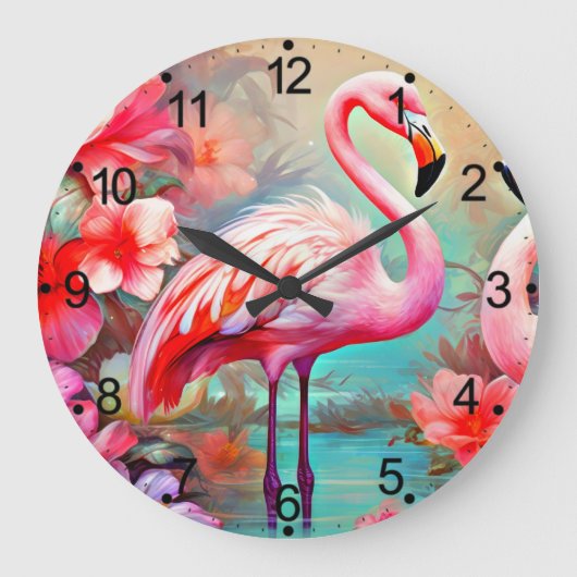 Tropische Roze Flamingo met Bloemen-87361 Grote Klok (Voorkant)