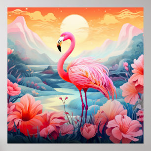 Tropische roze flamingo met bloemen poster