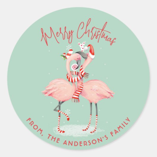 Tropische Roze Flamingo Met Kerstmannenhoeden Kers Ronde Sticker (Voorkant)