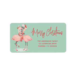 Tropische Roze Flamingo Met Kerstmannenmuts Kerstm Etiket