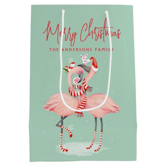 Tropische Roze Flamingo Met Kerstmannenmutsen Kers Medium Cadeauzakje (Achterkant)