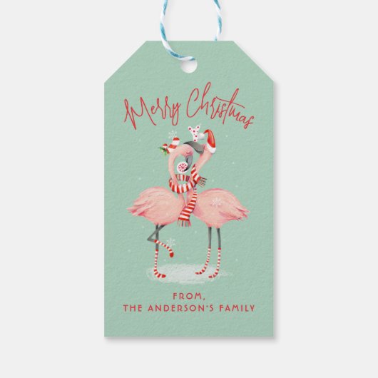 Tropische roze flamingo met kerstmutsen cadeaulabel (Achterkant)